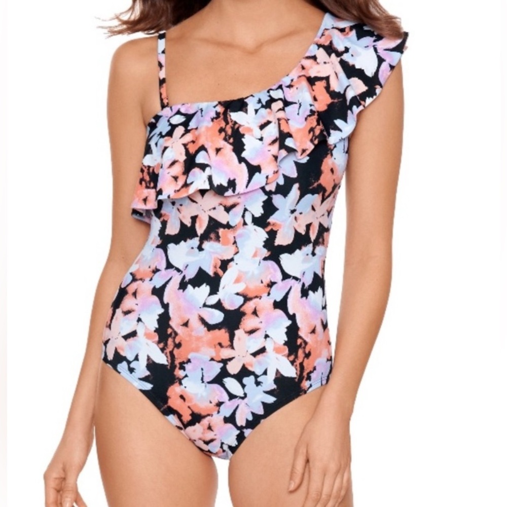 Time and Tru Floral One-Shoulder One Piece - Black, Pink, White size 1X